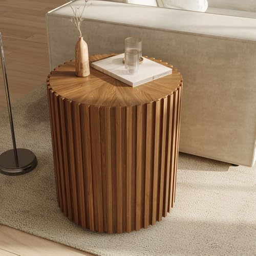 POVISON Fluted Side Set of 2, 20.08" Round End Side Table with Fluted Design for Living Room Bedroom Office, Light Walnut