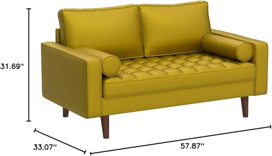 Container Furniture Direct Womble 58 Inch Velvet Loveseat Sofa with Elegant Button Tufted Upholstery, Square Arms, Splayed Wood Legs, Includes Matching Bolster Pillows, Dijon