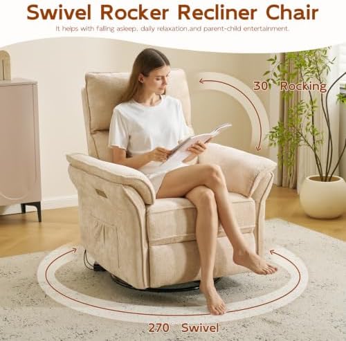 Swivel Rocker Recliner with Auto Rocking,Power Recliner Nursery Chair with Massage and Heat,Glider Recliner Nursery Chair for Living Room,Beige