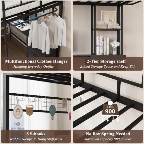 Full Size Loft Bed with Desk and 9 Storage Drawers, Black