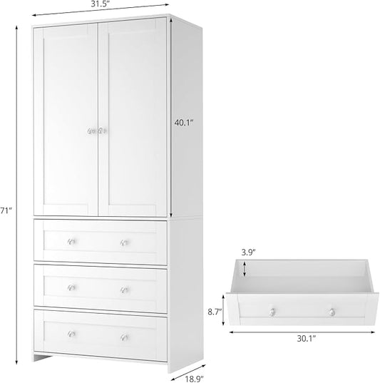 VOWNER Armoire Wardrobe Closet with Drawers and Mirror, 71" Clothing Storage Cabinet with Hanging Rod, 2 Doors Wooden Wardrobe Cabinet for Bedroom, Large Capacity Storage