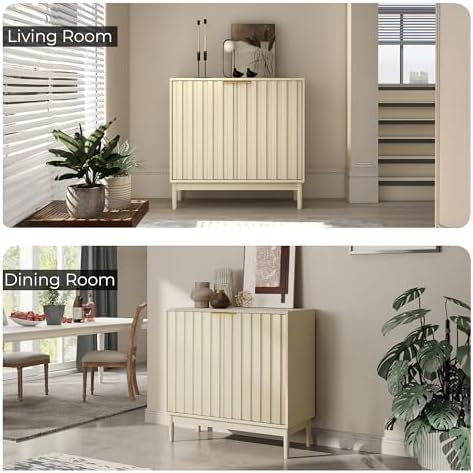 Fluted Buffet Cabinet with Storage, Small Accent Cabinet, Beige