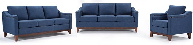 HAOMARKETS Modern 3 Piece Sofa Set with Rivets, Included Fabric Accent Chair, and Upholstered 3-Seater Couches Set of 2 with Solid Wood Legs, Living Room Furniture Set,Blue