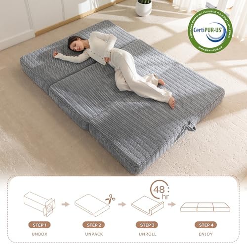 BYBYME Memory Foam Tri-Folding Mattress, 6 Inch Gel Folding Mattress Topper, Foldable Soft Guest Bed Camping Pad, with Washable Cover (Grey, Queen)