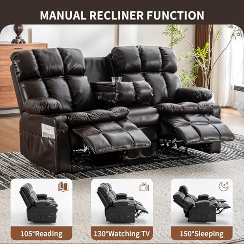 Loveseat Recliner Sofa with Massage & Heat, Flip Backrest, Reclining Home Theater Seating with Console, RV Couch Sofa with Bluetooth Speaker, USB/Outlet/Storage/Cup Holder/Side Pocket, Brown