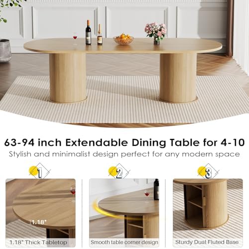 Oval Extendable Dining Table Set for 6, 7-Piece Extendable Kitchen Table Set with 6 Black Upholstered Chairs, Modern 63"-94" Expandable Dining Room Table Set with Storage Fluted Base for Kitchen