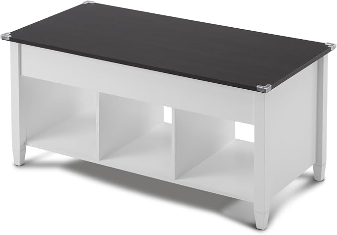 VINGLI Lift Top Coffee Table with Hidden Storage, 39" Wood Coffee Table with Lifting Tabletop, 3 Open Shelves, Center Table for Living Room, Home Office, White & Dark Brown