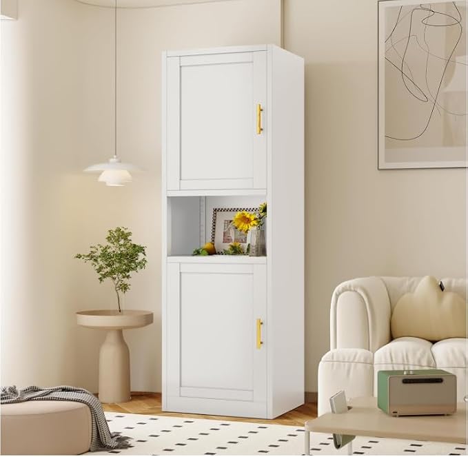 Tall Metal Narrow Bathroom Storage Cabinet 67" H, Tall White Pantry Cabinets with 4 Adjustable Shelves and 2 Doors for Kitchen, Home Office, Living Room, Dining Room(20 inches Wide)