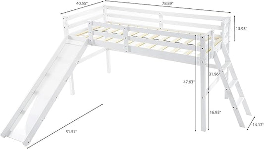 VINGLI Loft Bed with Slide, Twin Space Saving Kids Low Loft with Guardrail and Ladder, Pine Wood and Sturdy Single Bed Frame for Boys and Girls, White