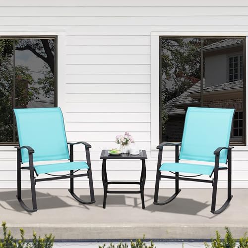 Shintenchi 3 Piece Rocking Bistro Set, Outdoor Furniture with Rocker Chairs and Glass Coffee Table Set of 3, Balcony, Porch Furniture for Small Space, Blue