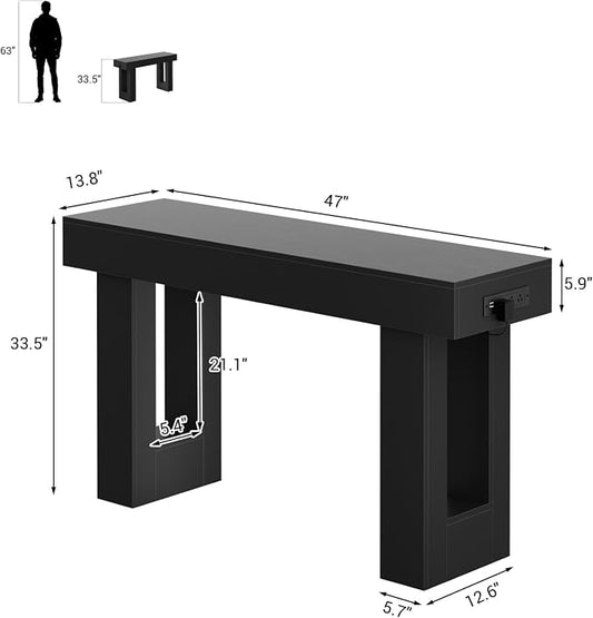 Unikito 47" Entryway Table with Socket and Sensor Light, Narrow Console Table with Storage Behind Couch, Farmhouse Entry Way Tables with Open Storage for Entrance/Hallway/Living Room, Black