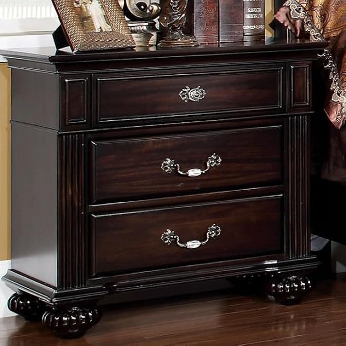 First of a Kind Queen Size Traditional Bedroom Furniture 5 pc Set in Dark Walnut - Solid Wood Finish with Floral Panel Design, Antique Brass Hardware - Bed, Dresser, Mirror & Dual Nightstands