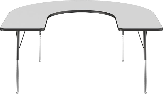 FDP Horseshoe Activity School and Office Table (60 x 66 inch), Standard Legs with Swivel Glides for Collaborative Seating Environments, Adjustable Height 19-30 inches - Gray Top and Black Edge