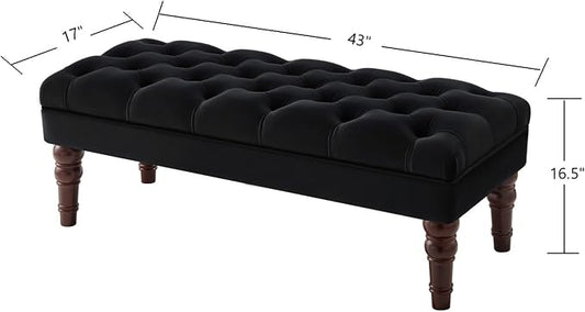 24KF Velvet Upholstered Buttons Tufted Entryway Bench with Solid Wood Leg,Bed Bench Ottoman with Padded Seat,5061N-Black