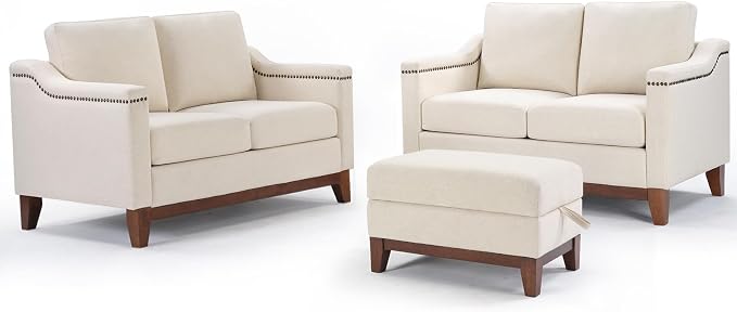 HAOMARKETS 3 Piece Fabric Sofa Set with Nailhead Trim, Included 2 Loveseat 2-Seater Couches with Thicked Cushion and Upholstered Storage Ottoman with Flip-Top Table, Living Room Furniture Set,Beige
