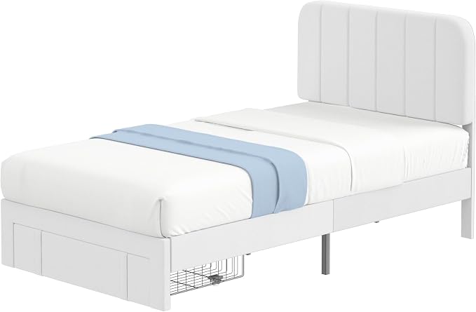 VECELO Twin Size Upholstered Bed Frame with Drawer and Headboard, Velvet Platform Storage Bedframe, Wooden Slats Support, No Box Spring Needed, White