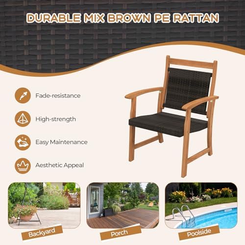 HAPPYGRILL 3 Pieces Rattan Wood Bistro Set, Patio Wicker Chairs Set with Acacia Wood Side Table, Outdoor Sofa Furniture Set for Yard Garden Porch Poolside