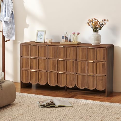 9 Drawer Dresser for Bedroom, Modern Chest of Scalloped Drawer, Walnut