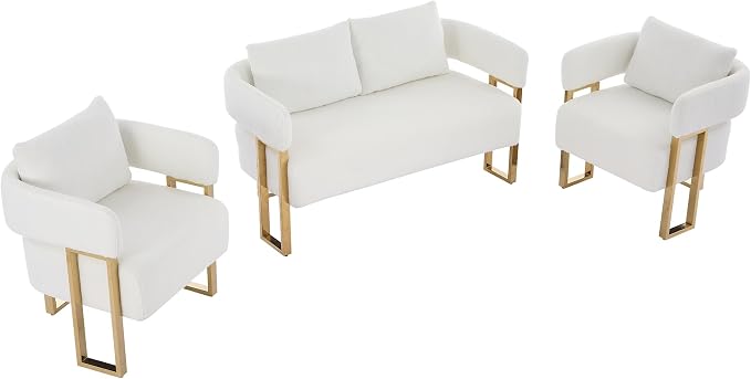 Loveseat Sofa and 2 Accent Chairs Comfy Sofa Modern Accent Chairs for Living Room with Golden Legs Teddy Upholstered Reading Armchairs no Wheels for Reception Room//Bedroom/Lounge/Office,White
