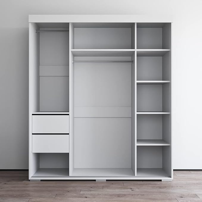 Meble Furniture Aria 3D Wardrobe with All Mirror Doors — Spacious Storage with Multiple Shelves — Modern Bedroom Closet, 82 H x 71 W x 26 D in — White