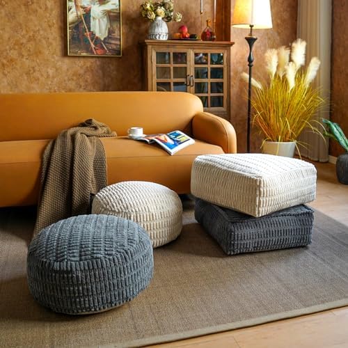 Round Unstuffed Pouf Ottoman Cover Storage Foot Rest, Gray