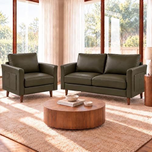 Faux Leather 3 Seater and Armchair with Side Pocket,Olive Green