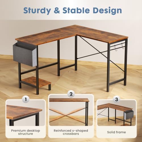 DUMOS L Shaped Computer Desk with PC Stand, Corner Workstation, Brown