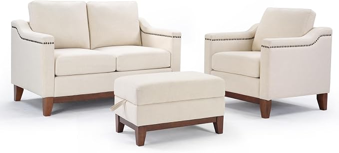 HAOMARKETS Modern 3 Piece Sofa Set with Rivets, Included Fabric Accent Chair, Upholstered Loveseat 2-Seater Couches with Solid Wood Legs and Storage Ottoman, Living Room Furniture Set,Beige