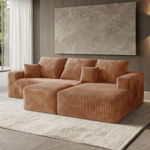 95 Inch Corduroy Boneless Cloud Sectional Sofa, Tatami Style Modular, Vertical Striped Frameless Deep Seat, Plush Cushions with Side Storage, Compressed No Assembly for Living Room & Apartment