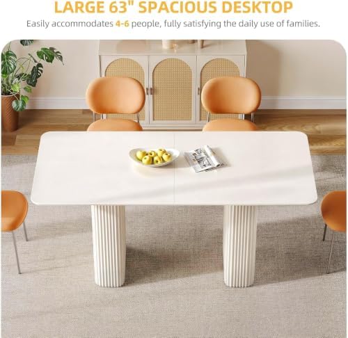DWVO Cream White Dining Table 63" for 4-6, Rounded Corners, Fluted Base