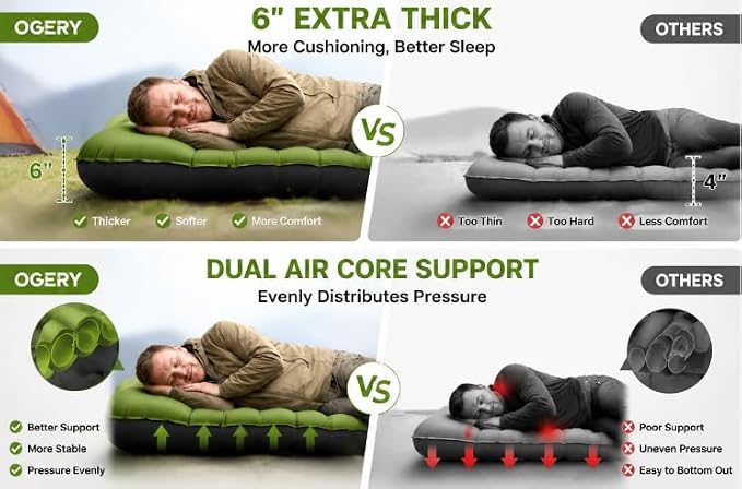 OGERY Sleeping Pad, Ultralight Inflatable Sleeping Pad for Camping with Pillow Built-in Foot Pump, 6" Extra-Thick Reinforced Camping Mattress for Hiking, Backpacking, Tent