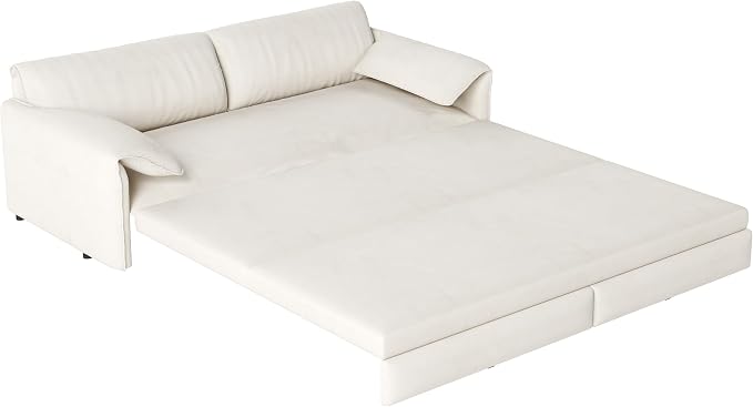 66" Sleeper Sofa Bed Queen Size, 3-in-1 Convertible Couch, Modern Pull Out Couches, Comfy Velvet Futon Sofa, Cloud Loveseat Lounge, Pillow Arm, for Small Spaces, Living Room, Apartment, Beige