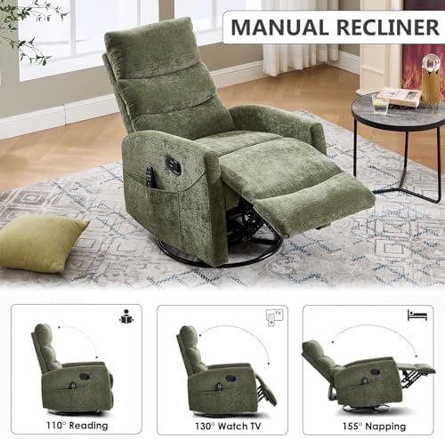 Trustyue Swivel Rocker Recliner Chair, 360° Swivel Recliner with Heat and Massage, Rocker Recliner Nursery Glider Chair with Side Pockets for Living Room (Green1, Fabric)