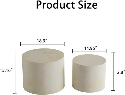 Nesting Round Coffee Table Set of 2, Accent End Table for Small Spaces, Morden Drum Side Table, Wooden Circle Center Table for Living Room, Fully Assembled - Faux Marble