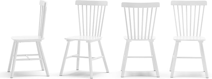 LUE BONA 4PC 18" White Windsor Dining Chairs Set, Spindle Back Wood Dining Chair, Sturdy Solid Hardwood Construction, Easy Assembly, Ideal for Kitchen and Dining Room