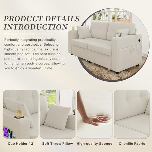 YOPTO 68" 2-seat Sofa, USB Charging, Storage & Cup Holders, Chenille, Beige