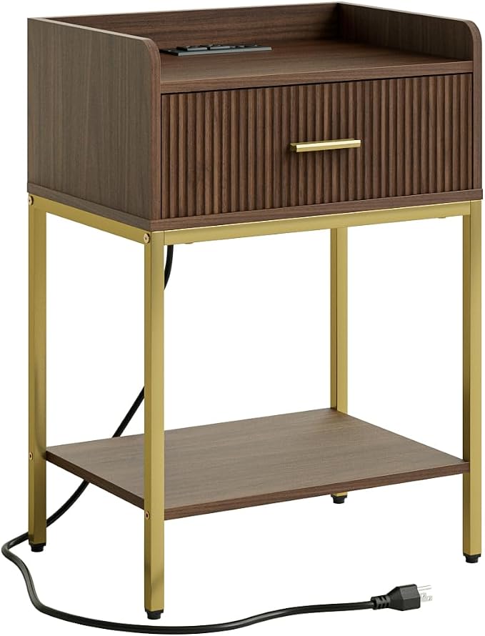Nightstand with Charging Station, 3-Tier Bed Side Table, Small End Table, Night Stand with Open Shelf and Drawer, Bedside Table for Bedroom, Living Room, Walnut