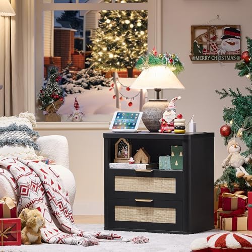 LEYAOYAO Rattan 23" Nightstands Set 2 with Charger Station 2 Drawers