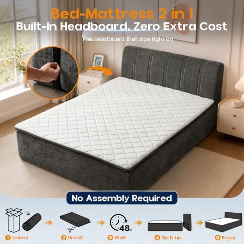 Queen Boneless Bed with Frame Mattress & Headboard, No Assembly, Dark Grey