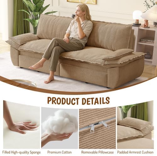 73" Convertible Queen Sofa Bed, Corduroy Pull Out Sofa Couch, Camel