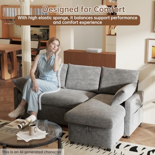 Sofa Bed, 80'' L-Shaped Chenille Sleeper Sofa, Dark Gray