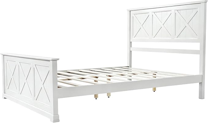 4 Piece Bedroom Set Queen Size Bed Frame with Dresser and 2 Nightstands | White Platform Bed Frames,4 Storage Drawers Cabinet,Farmhouse Bedroom Furniture Sets,Sturdy Wooden Slat Support,Guest Room