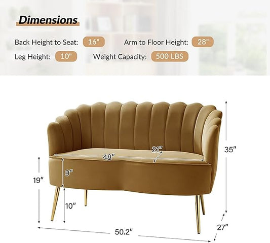 Velvet Upholstered Loveseat Sofa with Gold Metal Legs, Modern Comfy Small Love Seat with Flower Shaped Back, 2-Seater Sofa Accent Couch for Living Bedroom Leisure Areas, Golden