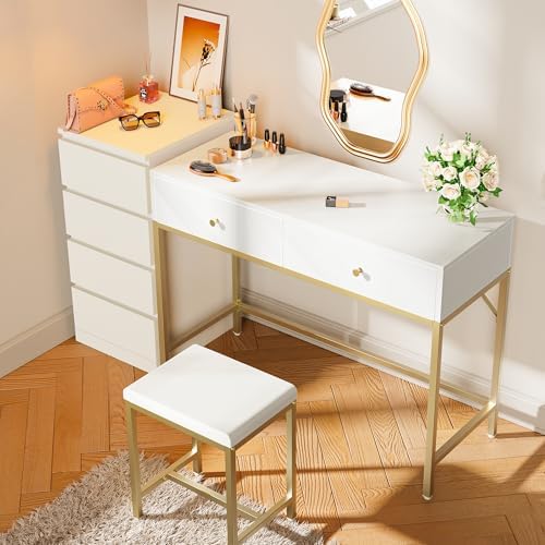 SUPERJARE 43-inch Modern White & Gold Desk - 2 Drawer Vanity