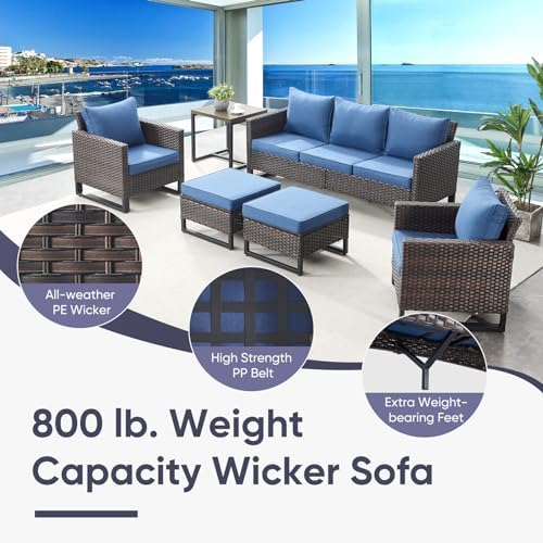 Belord 7 Pieces Patio Furniture Set with 50000BTU Propane Fire Pit Table: Wicker Patio Conversation Set with Outdoor Club Chairs Patio Couch Metal Side Table, All Weather Brown Rattan
