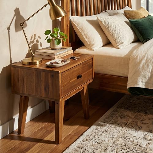 Acacia Sofia Nightstand with Drawer, Bedside Table, Solid Wood Bedside End Table with Drawer and Storage Space for Bedroom, Walnut