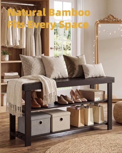 SMIBUY Sturdy Bamboo Shoe Rack Bench, 3-Tier Shoe Organizer, Storage Shelf for Entryway Hallway Bathroom Living Room (Dark Brown)