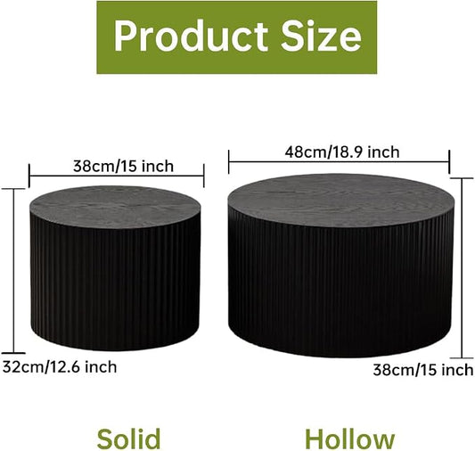 Round Nesting Coffee Table Modern Fluted Coffee Table Set of 2 Stripe Round Coffee Tables Circle Drum Coffee Tables Side Table Accent End Table for Living Room (Black Small)