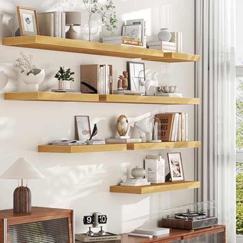 36 Inch Floating Shelves for Wall, 12 Inch Deep Shelves for Bedroom, Kitchen, Bathroom Wall Mounted, Rustic Wood Floating Shelf with Invisible Brackets for Books, Storage, Decor, Oak, 3 Pack