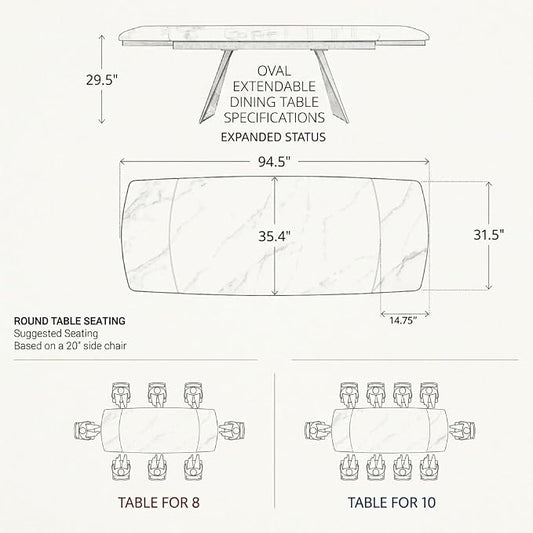 Honyee Extendable Dining Table with Leaf, 65 to 95 Inch Rectangular Sintered Stone, Modern Large Dining Room Table Seats 6 8 10 12, Metal Base, Marble Look for Family Gatherings